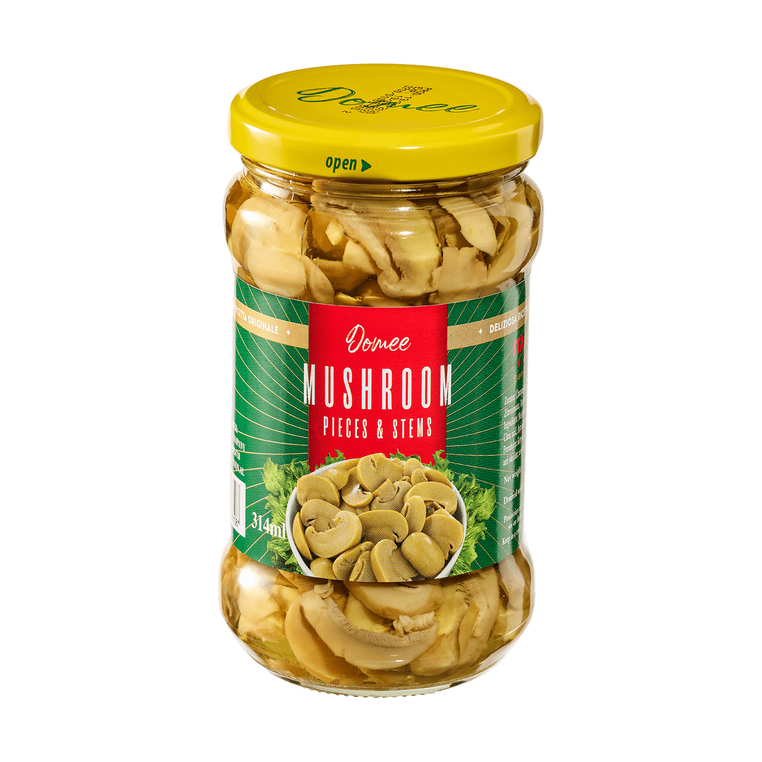 Pieces & Stems Mushrooms in Glass Jar Domee packaging