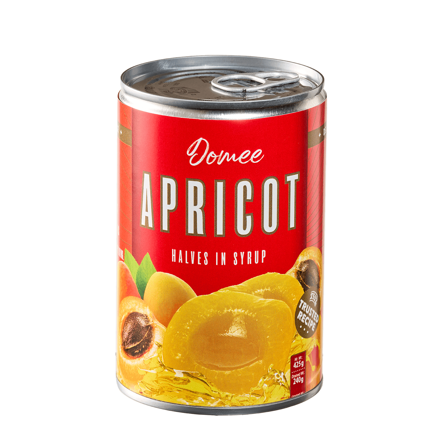 Canned Apricot Halves in Syrup Domee packaging