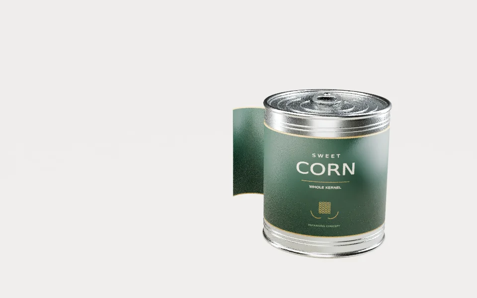Green and gold illustrative sweet corn label wrapped around a metal can